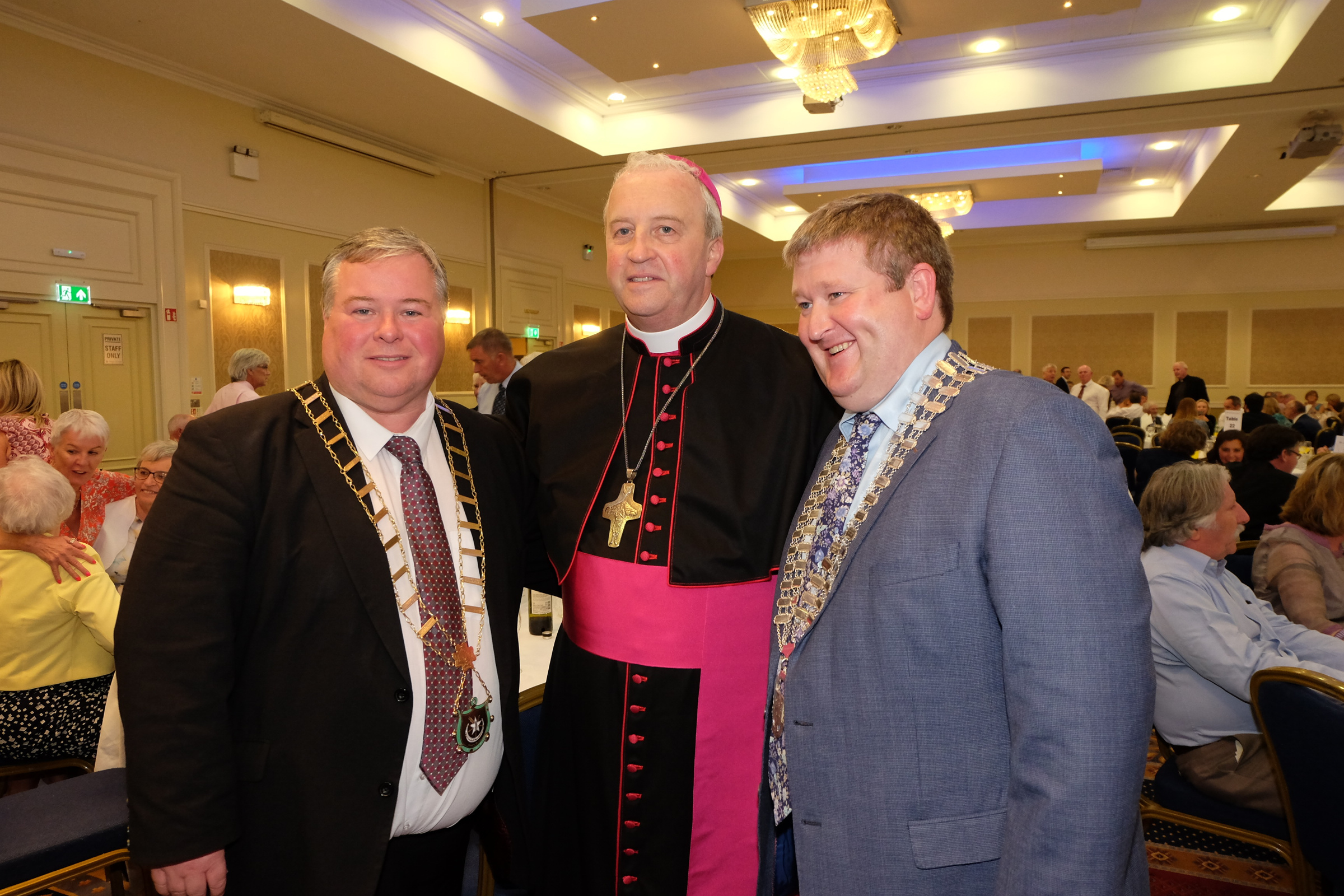 Mayor of Drogheda, Paul Bell and Shane P.O'Reilly with the new Bishop Michael Router at a celebration dinner following the Bishop's Ordination Armagh City Hotel, Armagh,  21 July 2019Credit: LiamMcArdle.com