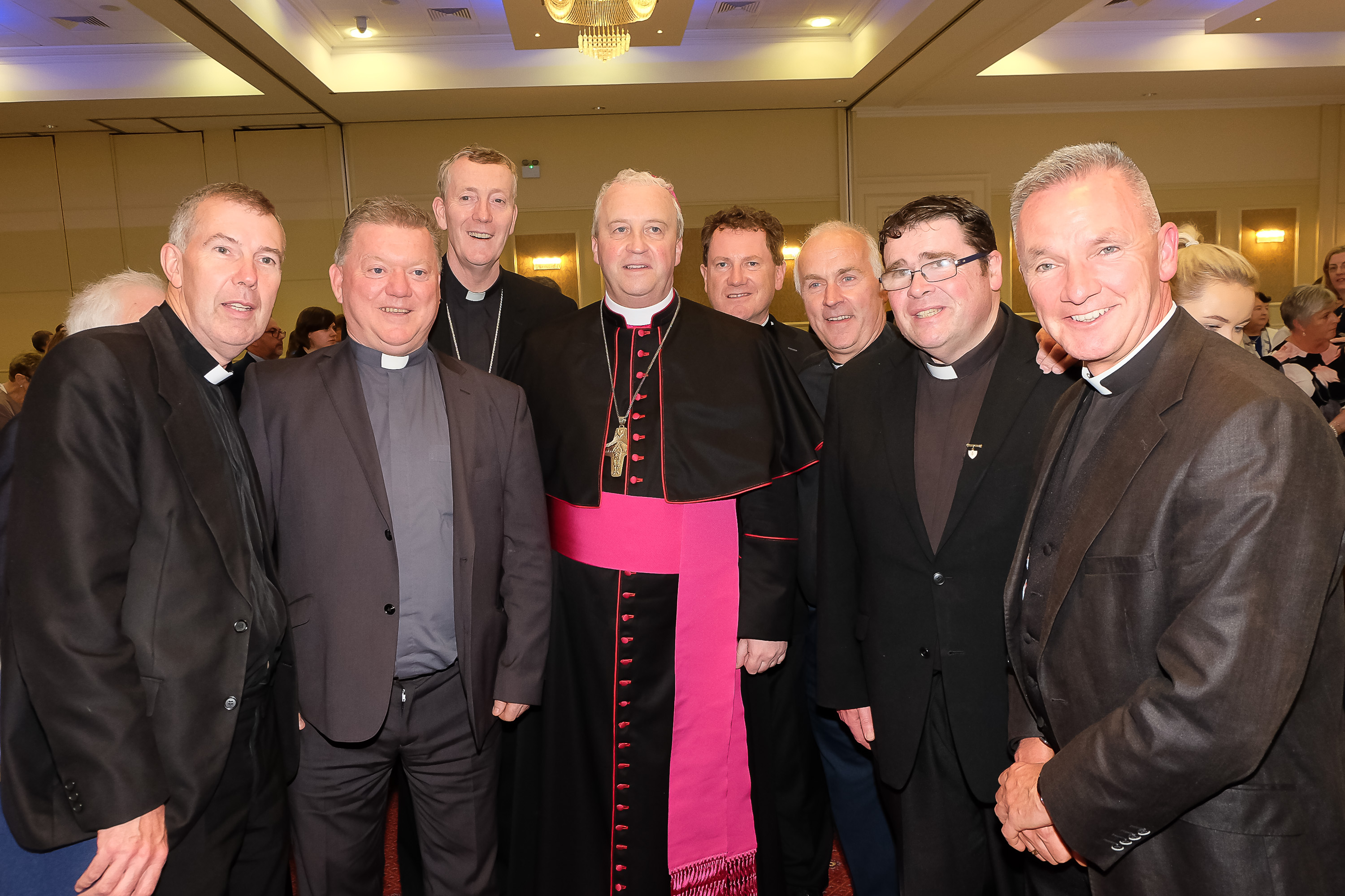 Bishop Michael Router with his classmates at a celebration dinner following the Bishop's OrdinationFrom left: Fr Joe Gallagher, Fr Philip Gaffney, Bishop Denis Nulty, Bishop Michael Router, Canon Eugene Sweeney, Fr Maurice McMorrough, Fr John Loftus and Fr John Kenny Armagh City Hotel, Armagh,  21 July 2019Credit: LiamMcArdle.com